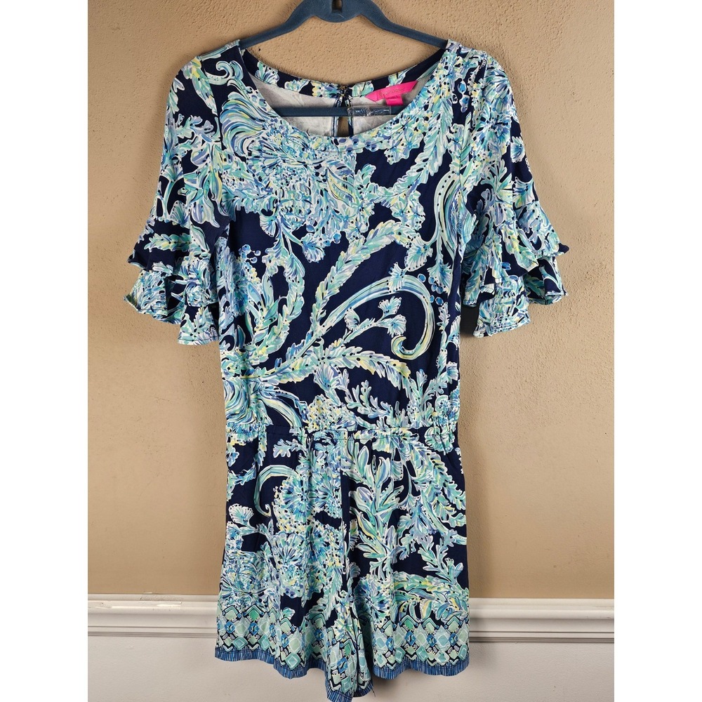 Lilly Pulitzer Womens High Tide Navy Scuba Doo Engineered Lula Romper Small